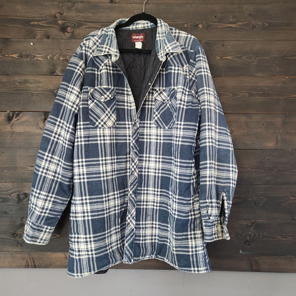 Wrangler Mens 2XT Tall Quilted Flannel Shirt Jacket Shacket Blue Plaid Western
